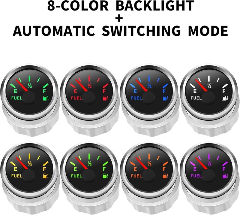 Rupse 2" Fuel Level Gauge 8 Color Backlight 5 Signals Adjustable 0-190ohm,0-180ohm,10-180ohm,240-33ohm,240-30ohm,Fuel Gauge Kit for Boat Car RV Truck Vehicle Motorcycle - Image 3